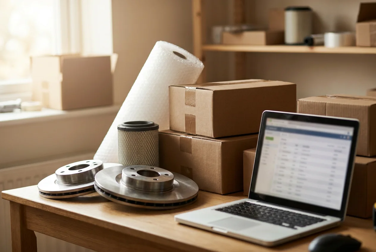 A seller's workbench: brake discs and an air filter beside packed shipping boxes and a laptop