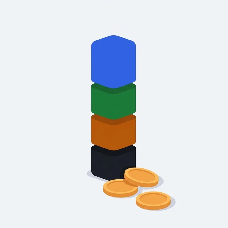 Illustration of a cost bar split into coloured segments with coins